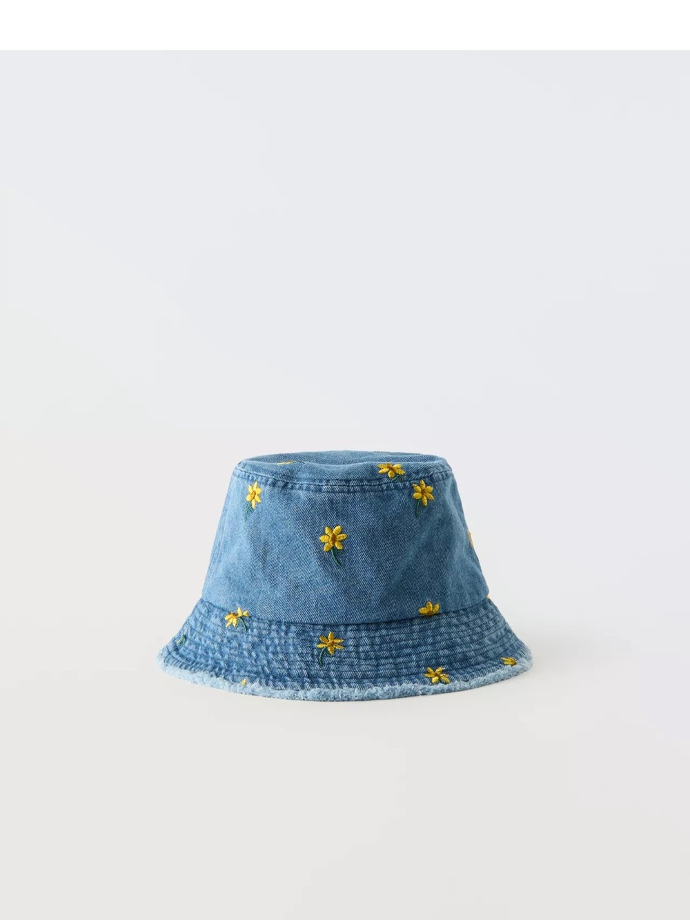 Zara Blue Denim Bucket Hat with Yellow Daisy Embroidery